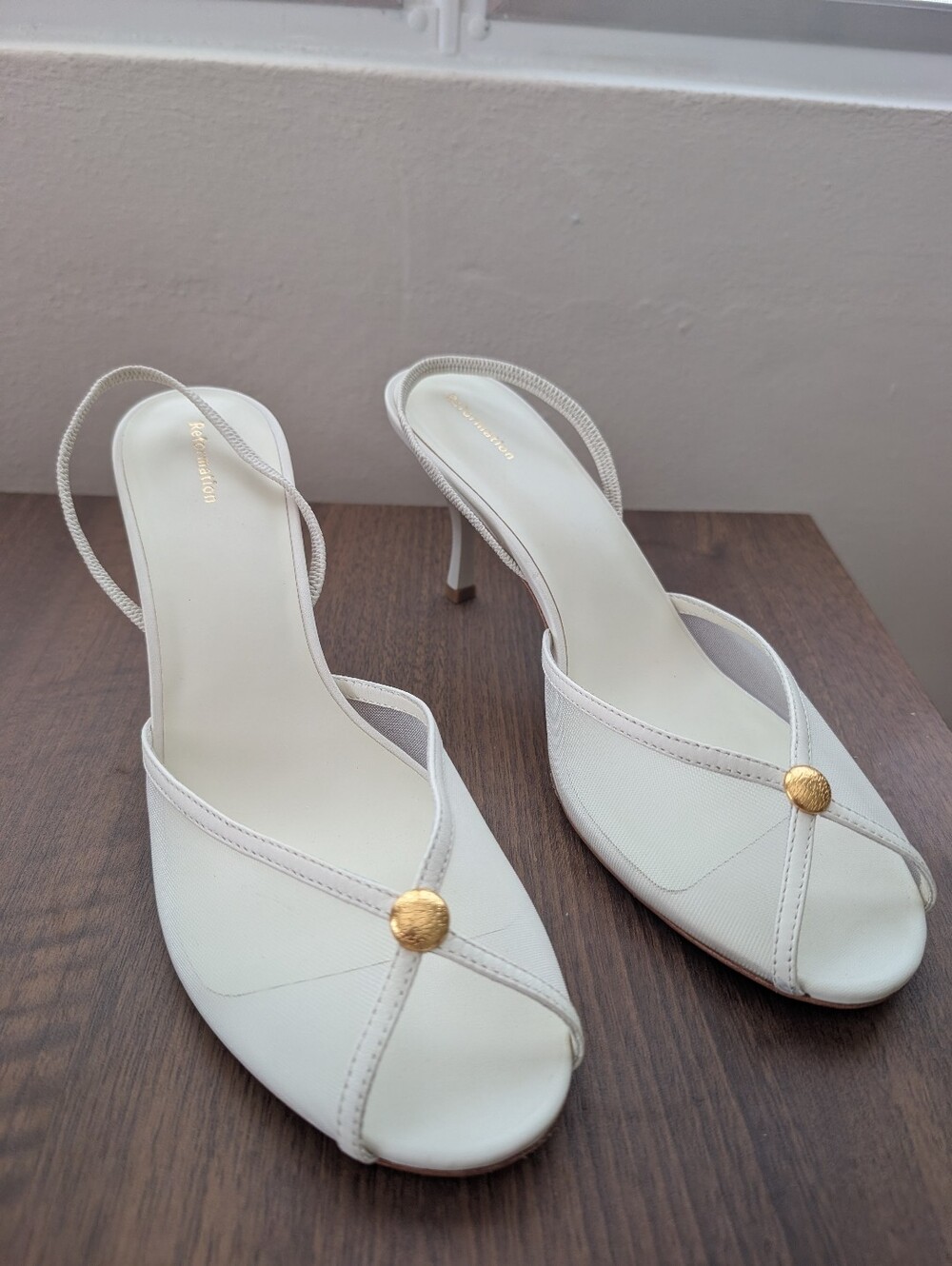 Reformation Paula White Slingback Open-Toe Heels with Gold Accent